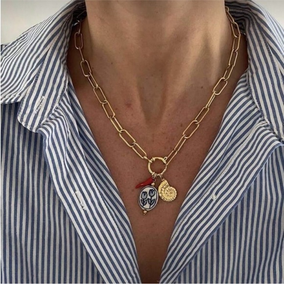 New! Blue Oil Drip Porcelain Charm Gold Paperclip Chain Necklace (1056) NWOT - Picture 1 of 2